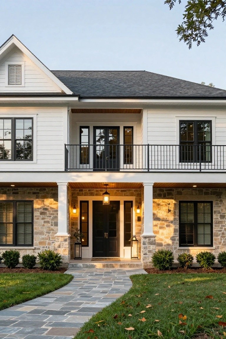 A two-story house with white siding, a stone foundation, black double entry doors under a covered porch, and a balcony above.