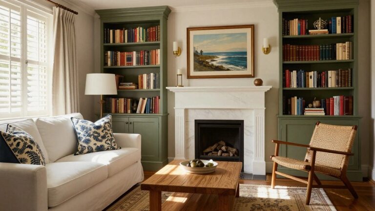 17 Chic Southern Traditional Style Ideas with a Fresh Modern Twist A living room featuring built-in bookshelves painted green on both sides of a white fireplace, with a white sofa and wooden coffee table in front.