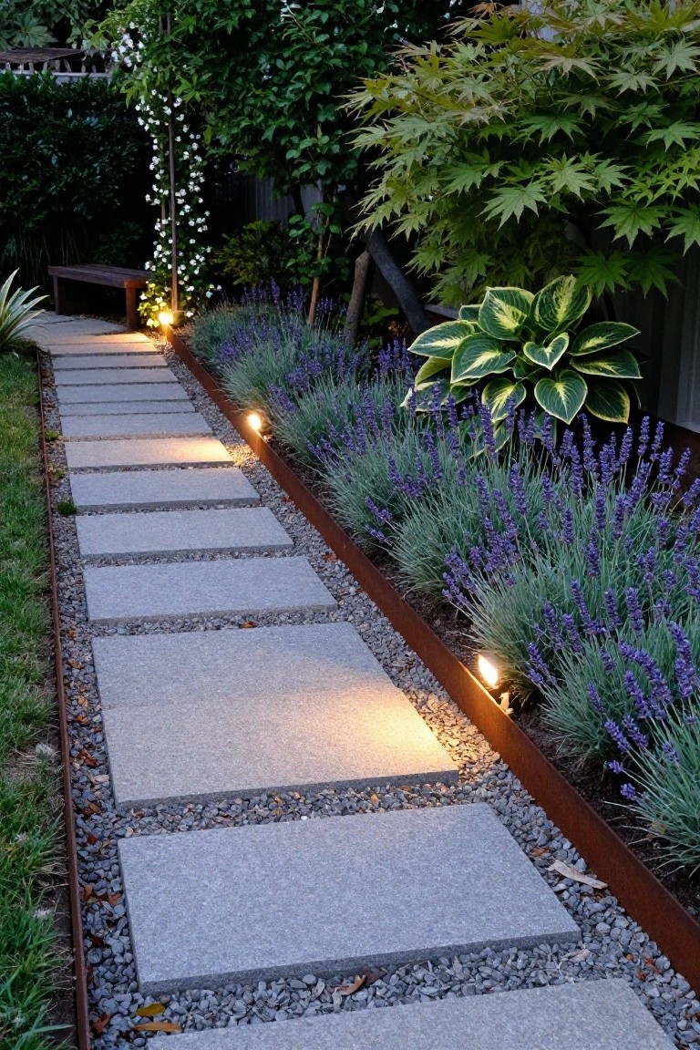 Stone pathway lined with lavender, edged in metal, lit by small lights at dusk.