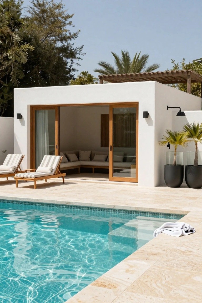 A modern white structure beside a swimming pool with large sliding glass doors open to reveal built-in seating, two wooden lounge chairs on the patio, and potted plants nearby.