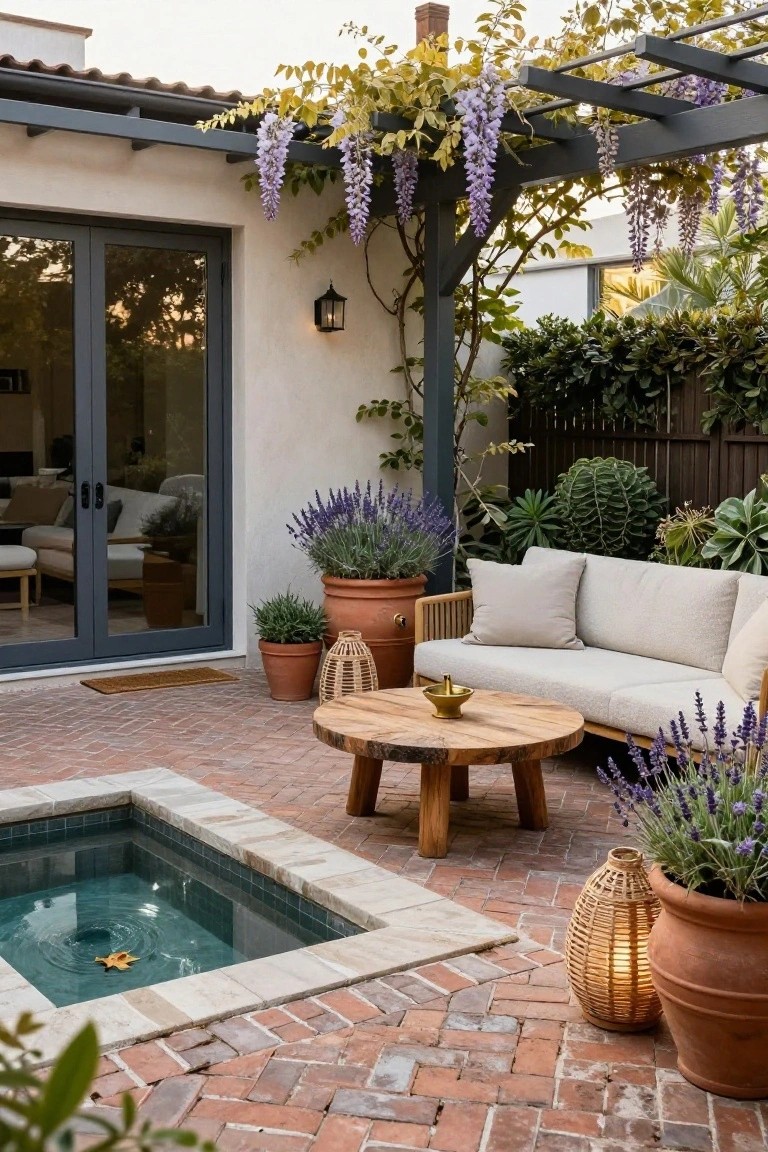 An outdoor patio with a dark pergola draped in purple wisteria, a round wooden coffee table, a cushioned sofa, potted lavender plants, and a small pool set in brick paving.