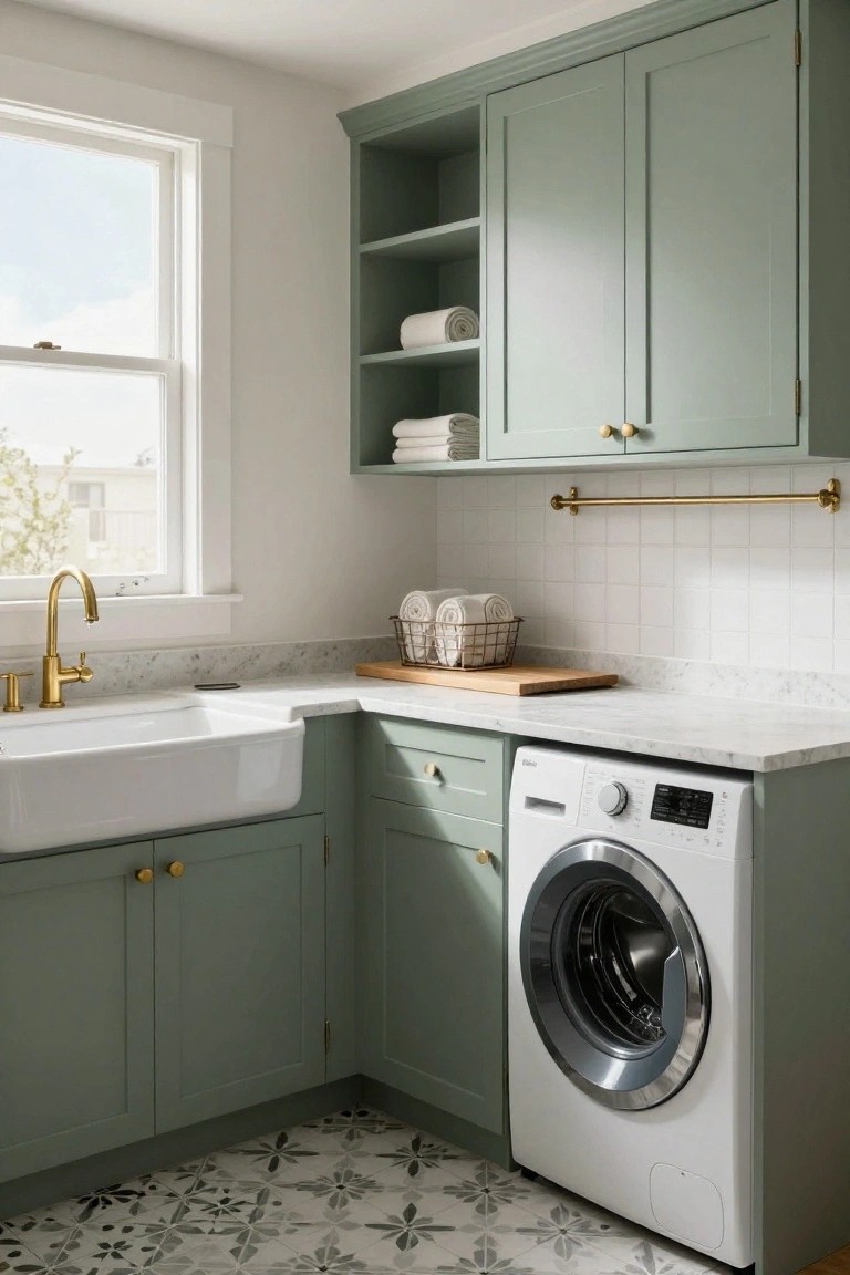 Sage green laundry room with white farmhouse sink, washer, marble counters, patterned floor