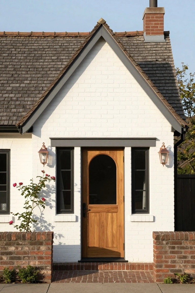 A white brick house with a gabled roof shows a wooden arched front door centered between two narrow windows and flanked by copper lanterns.