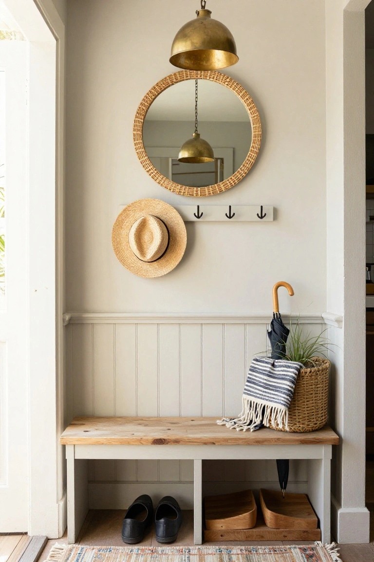 A light wood bench with open storage below sits in a neutral entryway beneath a round woven mirror and wall hooks.