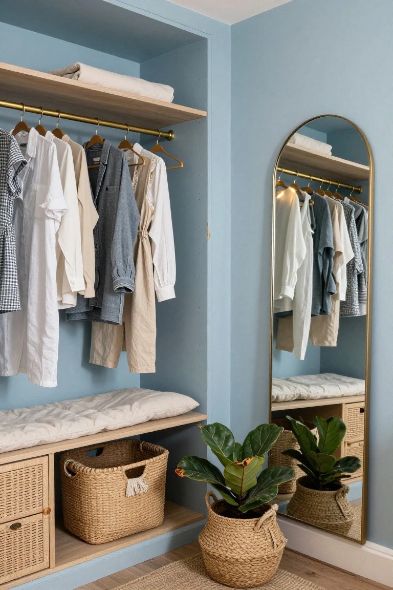 A light blue closet alcove featuring wooden built-in shelves, a hanging rod with clothes, a cushioned bench, woven baskets, and a tall arched mirror reflecting the storage area.