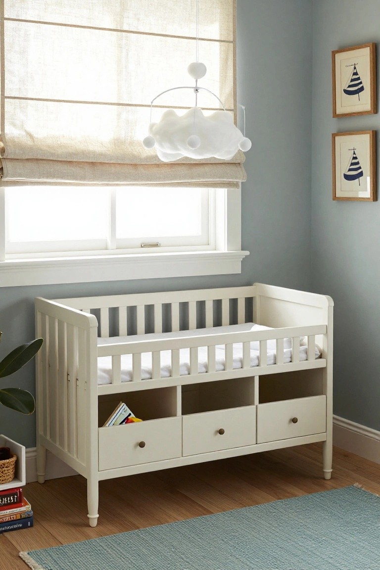 A white wooden crib with three drawers and open storage compartments underneath is placed against a light blue wall beneath a window.