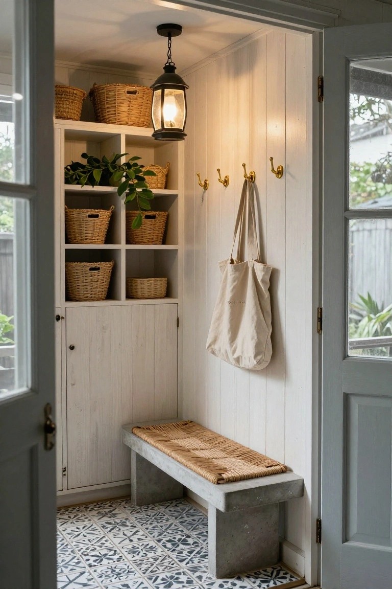 An interior entry area with white built-in cubby shelves holding woven baskets, brass hooks with a canvas tote bag, a concrete bench with woven top, and patterned tile flooring.