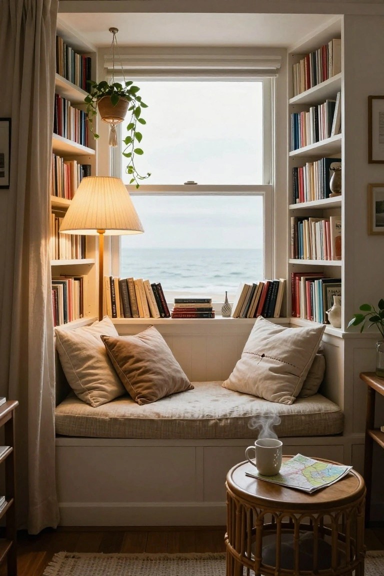 A built-in window seat with beige cushions and pillows sits below a large ocean-view window, flanked by white bookshelves filled with books and a floor lamp to one side.