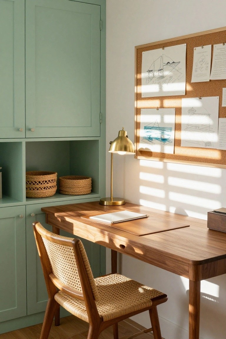 A wooden desk with a woven chair in front of mint green built-in cabinetry that has closed doors on top and bottom with open middle shelves holding two woven baskets, next to a corkboard with drawings on the wall.