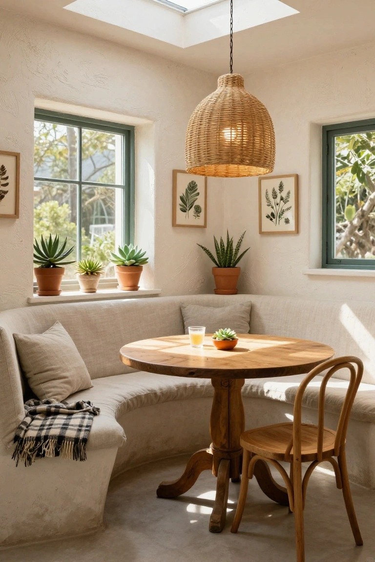 A round wooden table sits in front of a curved upholstered bench in a bright room with windows, potted plants, and a woven pendant light.