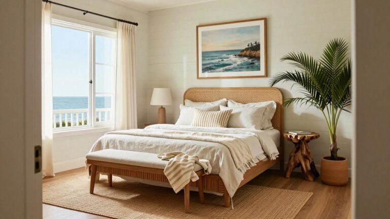 18 Creative Beach House Interior Ideas That Capture Effortless Coastal Charm A bedroom featuring a wooden bed with white linens, a nightstand holding a lamp, a large beach scene painting on the wall, and a tall potted palm in the corner.