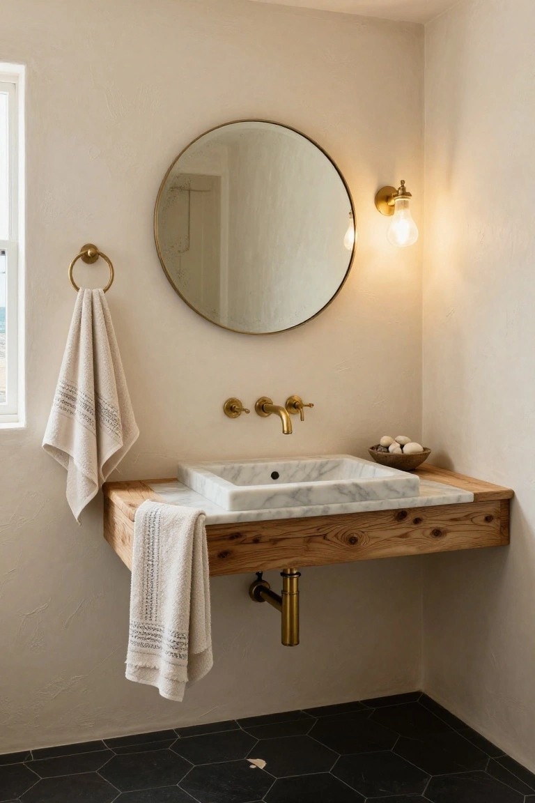 A bathroom featuring a wall-mounted wooden vanity with a marble sink, brass faucet and pipes, round mirror, wall sconce, and two hanging towels.