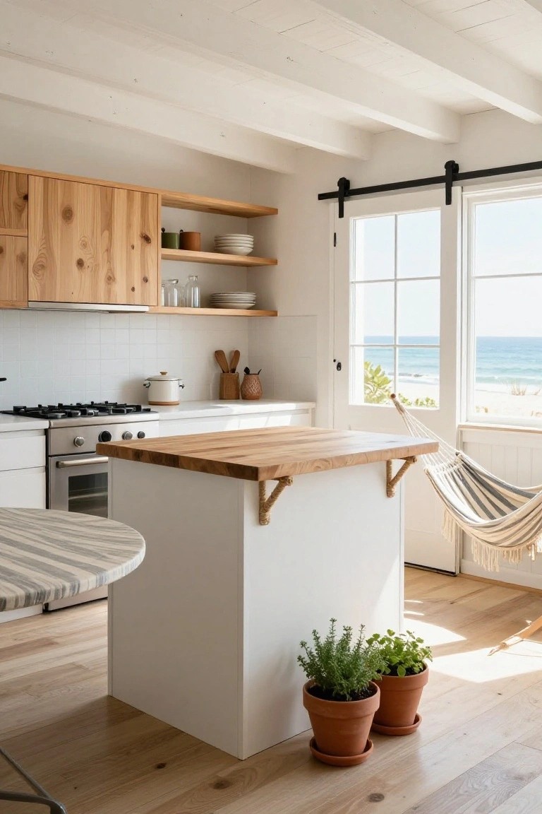 A bright kitchen with a white island topped in wood, open shelves, and a striped hammock hanging near glass doors that open to the ocean.