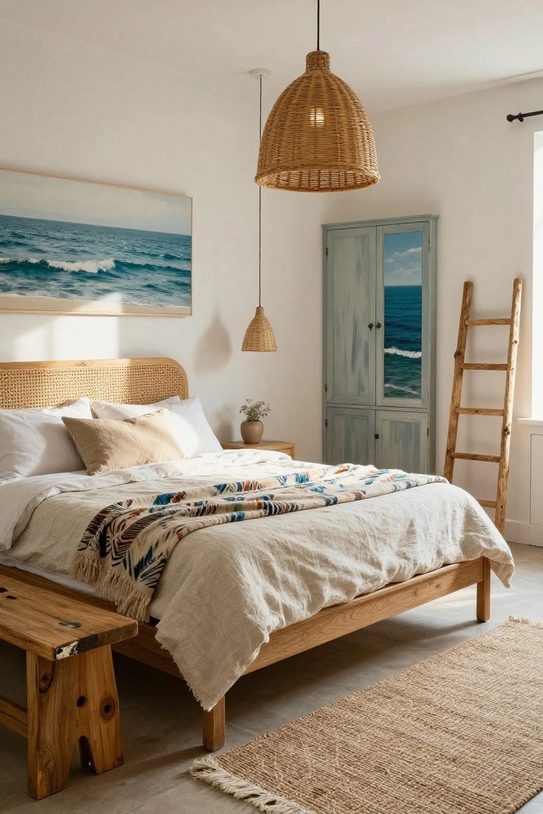 A bright bedroom featuring a wooden bed with white linens, two woven pendant lights, ocean artwork, a light blue wardrobe, and a wooden ladder leaning against the wall.