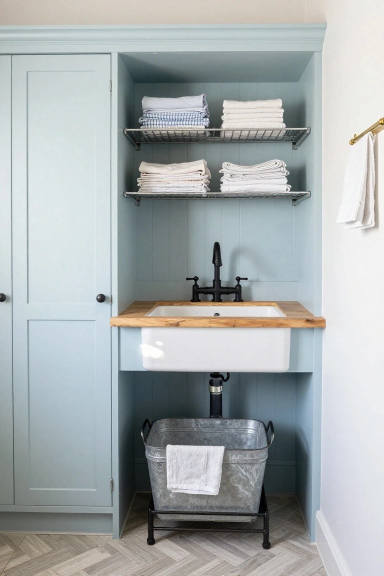 Interior view of a light blue laundry room featuring a white farmhouse sink with black faucet on a wooden counter, two wire shelves holding folded towels above it, and a metal tub on a stand below the sink.
