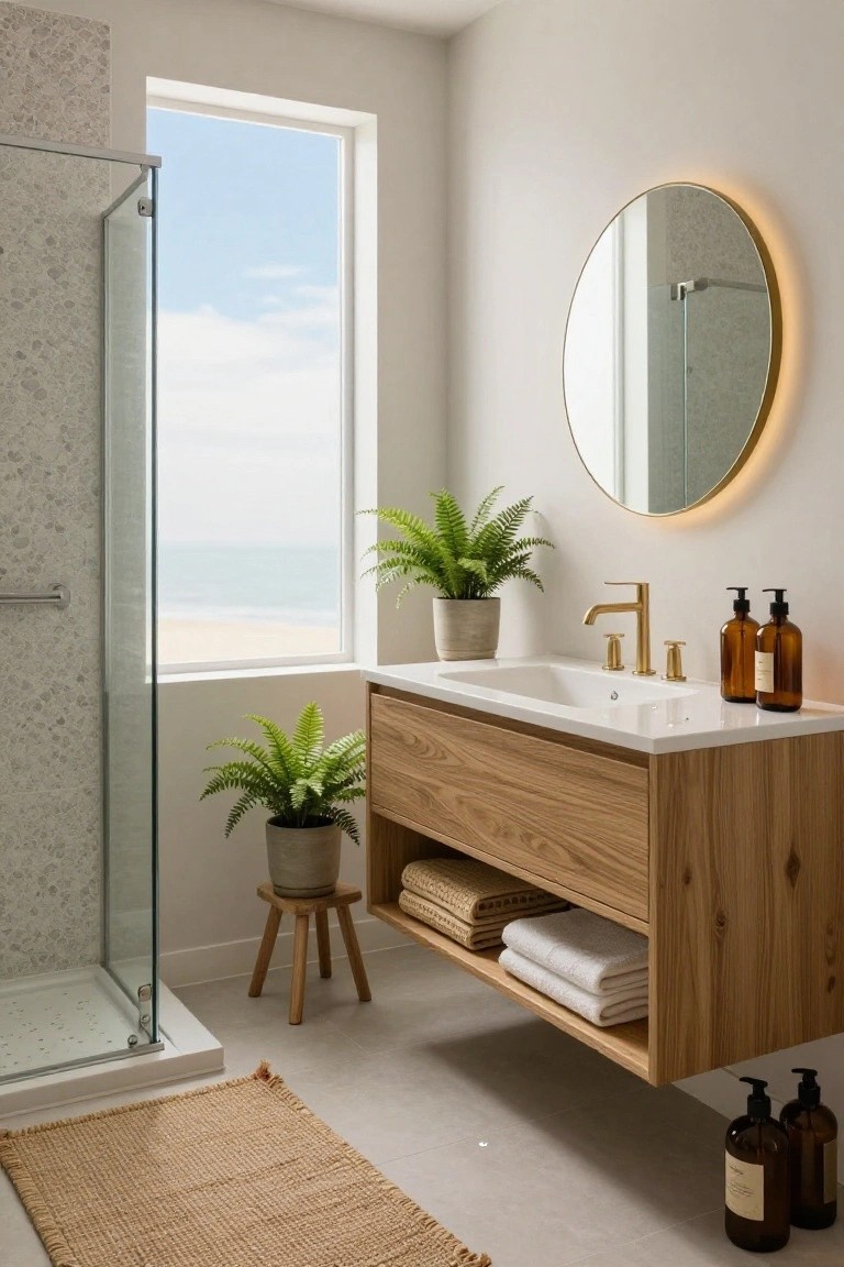 A bathroom interior with a floating wood vanity, white countertop sink, round backlit mirror, open lower shelf holding folded towels, two potted ferns, and a large window showing an ocean view.