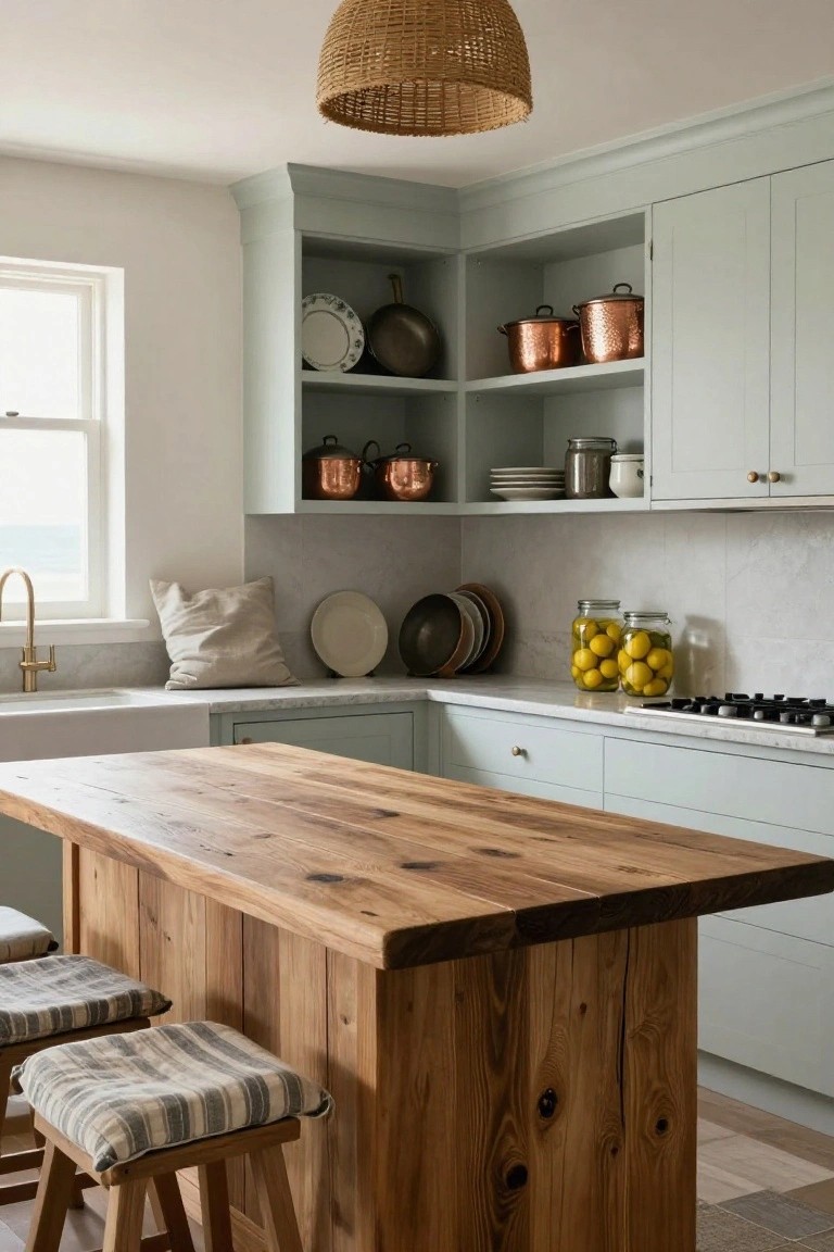 A coastal kitchen with light blue cabinets, open corner shelves displaying copper pots and stacked dishes, a large wooden island with stools, and a window view of the water.
