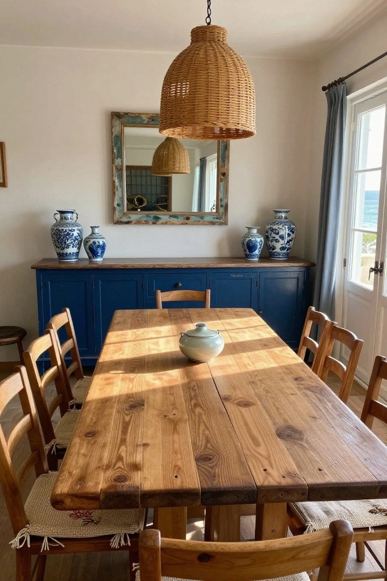 A long wooden dining table with chairs faces a blue sideboard topped with blue and white vases, a large woven pendant light hanging above.