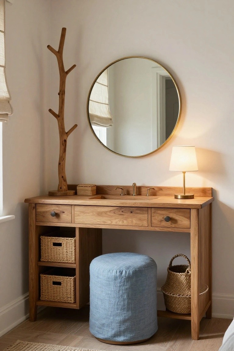 A light wood vanity with a round mirror, sink, drawers, open shelves holding woven baskets, and a blue upholstered stool underneath.