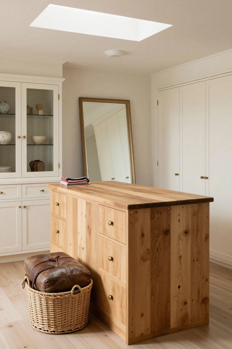 A light-filled interior room with a large wooden island featuring multiple drawers, white built-in cabinets on the left, and a tall leaning mirror against the back wall.