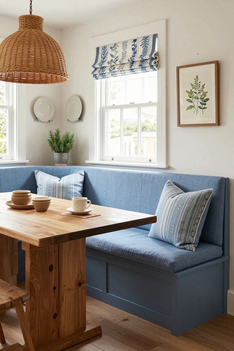 A dining nook with a blue built-in bench seat, striped pillows, a wooden table, and a window with a patterned roman shade.