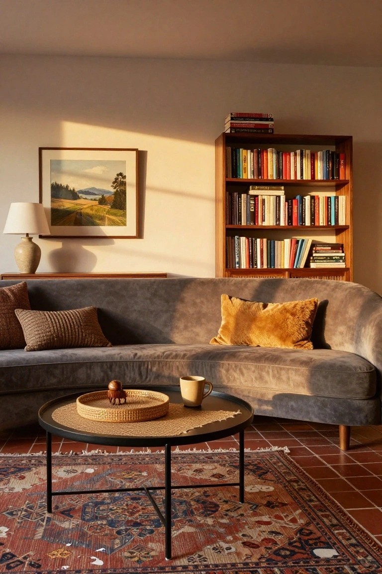 A living room with a wooden built-in bookshelf filled with books beside a curved gray sofa and a round coffee table on a patterned rug.