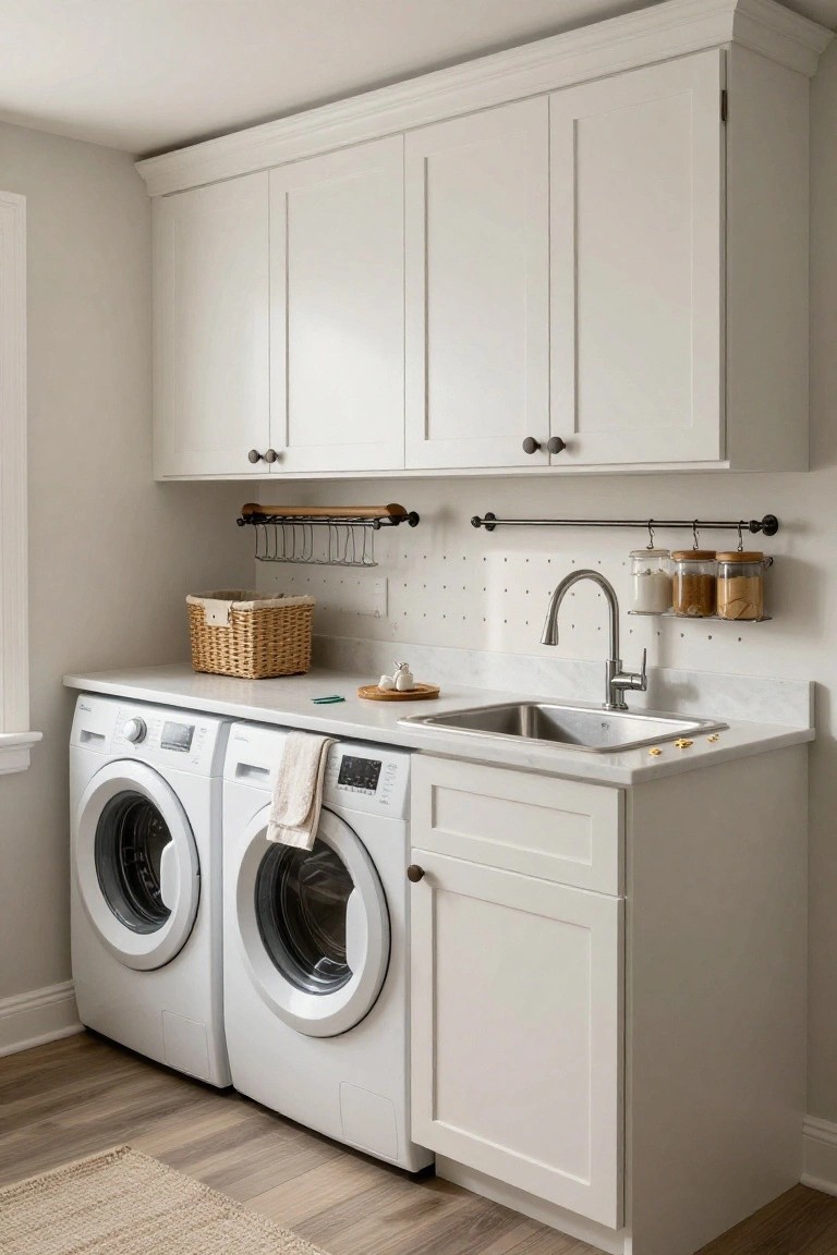 A laundry room featuring white upper and lower cabinets, a white countertop with an integrated sink, and two front-loading washing machines below.