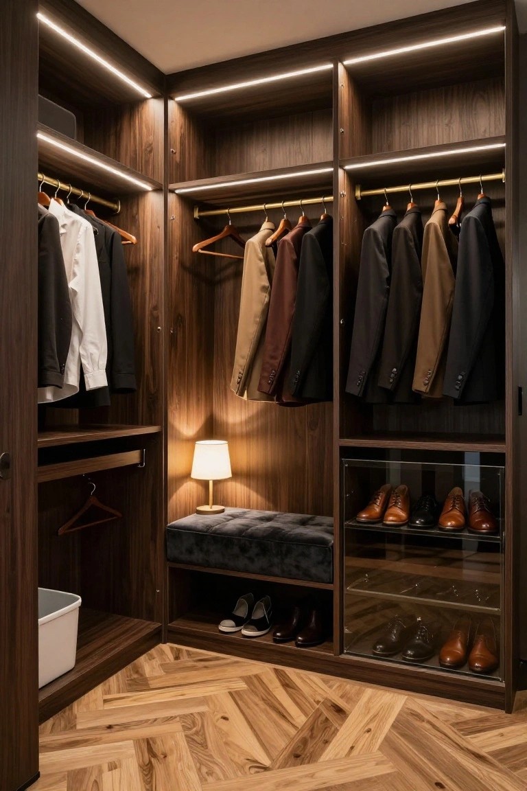 A walk-in closet with dark wood built-in shelving, hanging rods holding jackets and shirts, glass shoe displays, an upholstered bench with a small lamp, and LED strip lighting.
