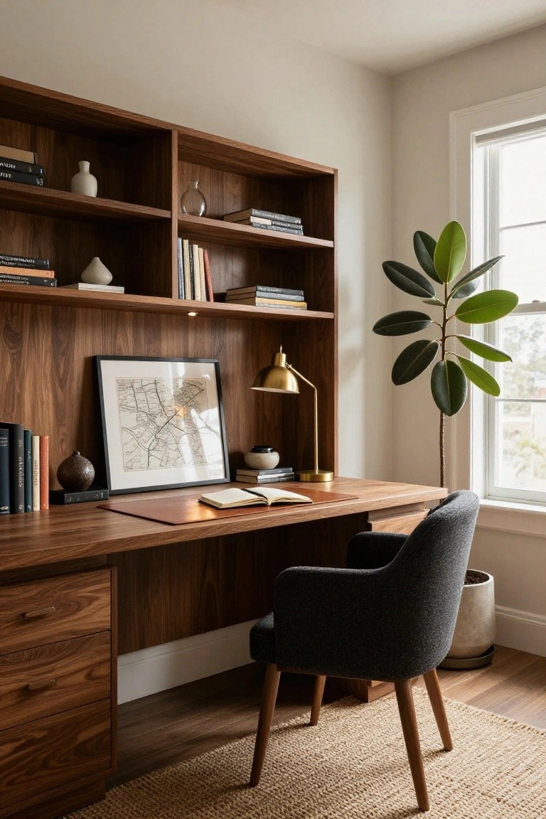 A wooden built-in desk with overhead shelves holds books, a framed map, a brass lamp, and an open notebook, with a dark upholstered chair pulled up to the desk.