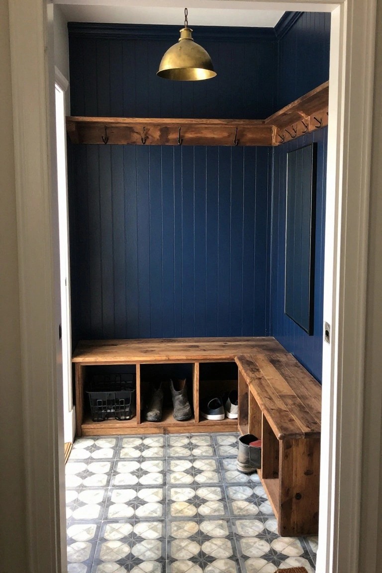 An interior view of a blue mudroom with a long wooden built-in bench featuring open storage cubbies, wall-mounted hooks above, and patterned tile flooring.