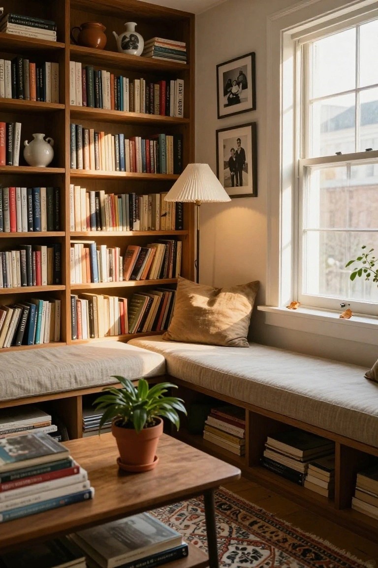 A wooden built-in bookshelf filled with books lines the walls around a cushioned window seat in a bright room with a small wooden table in front.