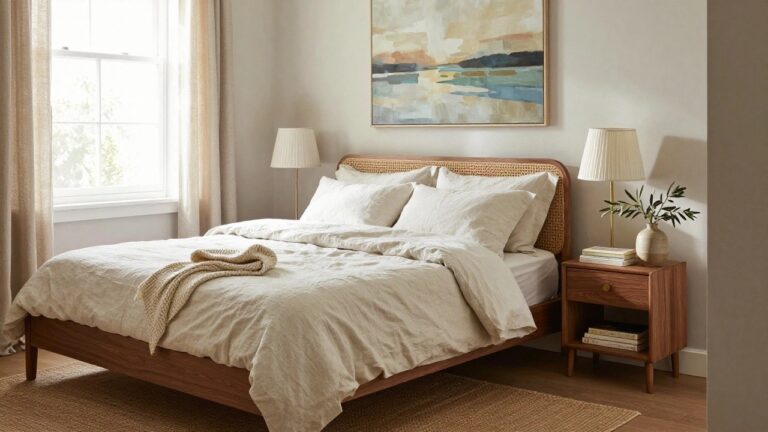 18 Enduring Home Design Ideas That Stay Stylish for Years A bedroom featuring a wooden bed with a cane headboard, layered white linens, a beige throw blanket, and a landscape painting above the bed.