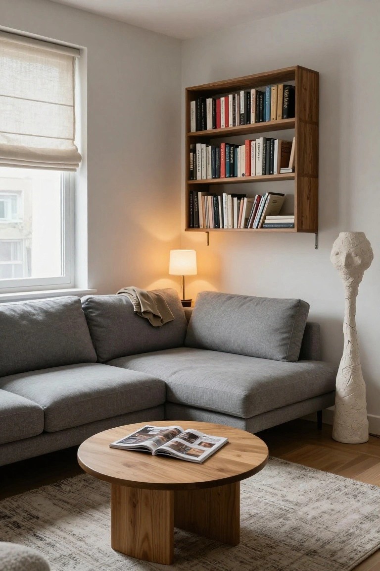 A gray sectional sofa beneath a wooden floating bookshelf filled with books, next to a round wooden coffee table with an open magazine on a rug.