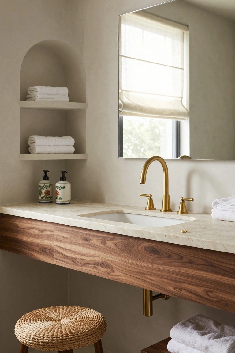 A modern bathroom featuring a floating wood vanity with a marble countertop, brass faucet, recessed arched shelves with folded towels, and a woven stool.