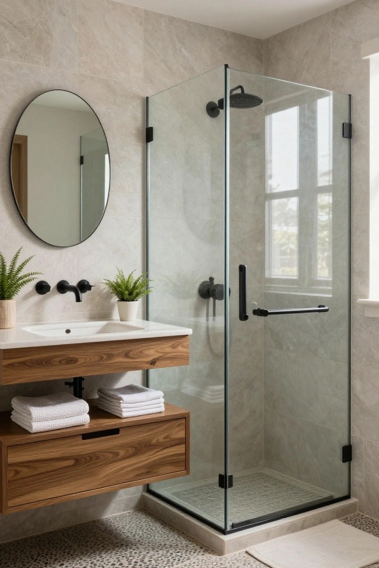 A bathroom interior showing a floating wood vanity with white sink, round mirror, black fixtures, and a glass shower enclosure.