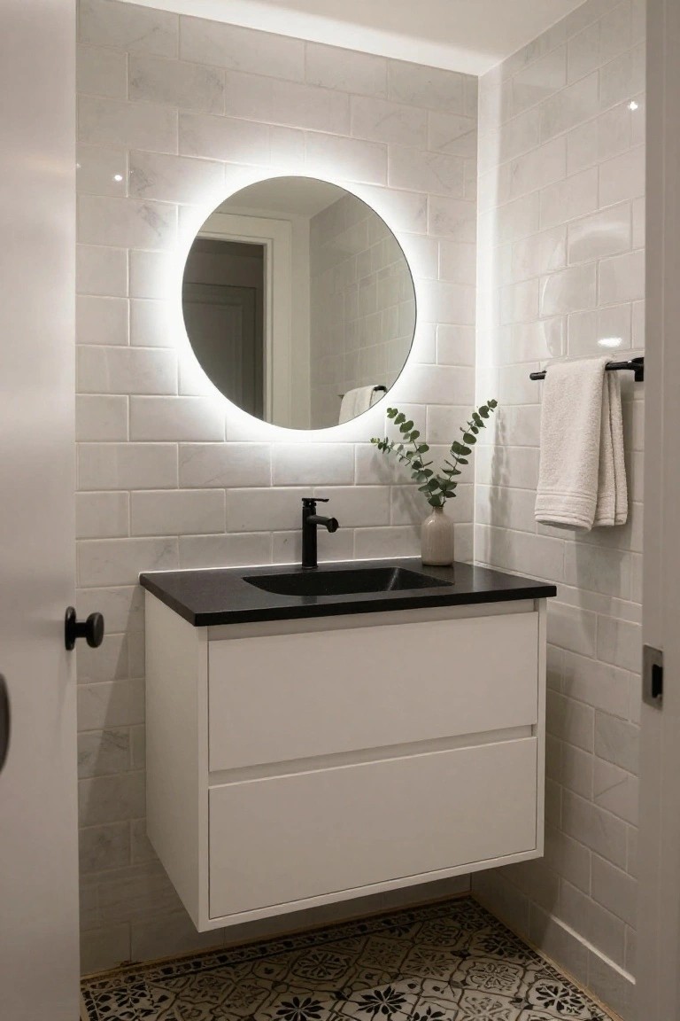 A bathroom interior showing a white floating vanity with black countertop and sink, round illuminated mirror above, and white subway tile walls.
