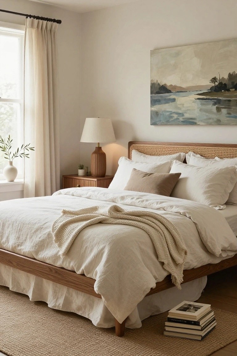 A bedroom featuring a wooden bed with a cane headboard, layered white linens, a beige throw blanket, and a landscape painting above the bed.