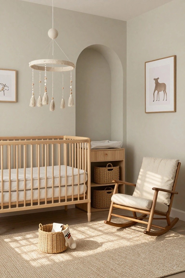 A neutral-toned nursery featuring a light wood crib, wooden rocking chair, woven baskets, and a hanging mobile above a woven rug.