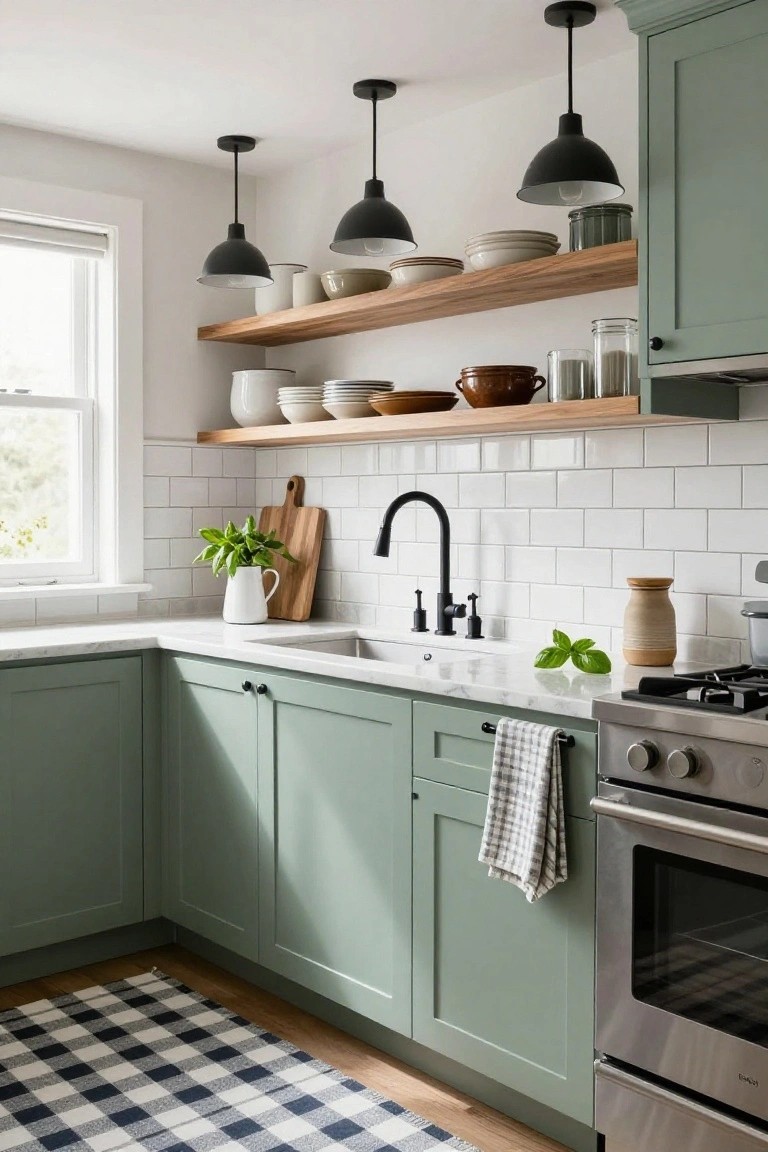 A kitchen corner with sage green cabinets, white countertops, open wooden shelves holding white and brown dishes, a black gooseneck faucet, and a white subway tile backsplash.