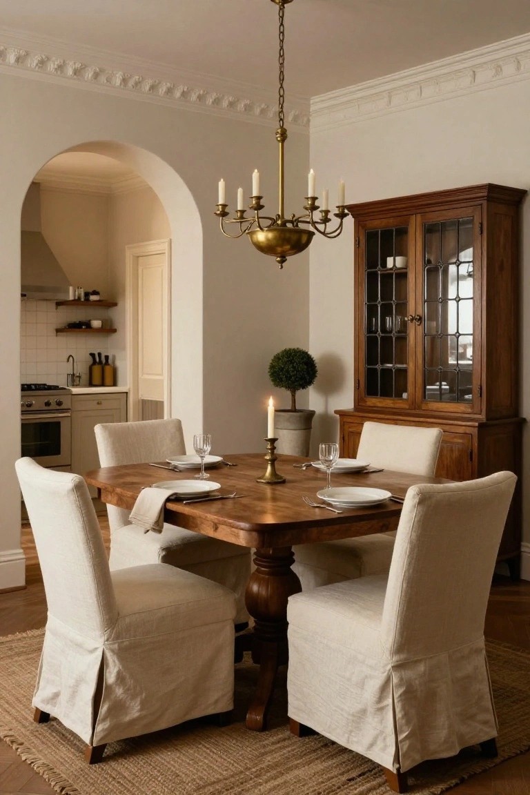A dining room featuring a wooden table set with white plates and glasses, surrounded by four upholstered chairs wearing loose white slipcovers, a brass chandelier above, and a tall wooden cabinet to the side.