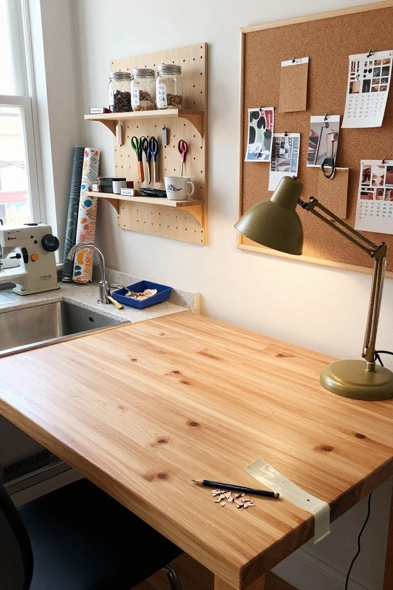 A large wooden worktable in a home interior workspace with a green desk lamp, corkboard, pegboard shelves, and a sink area visible in the background.