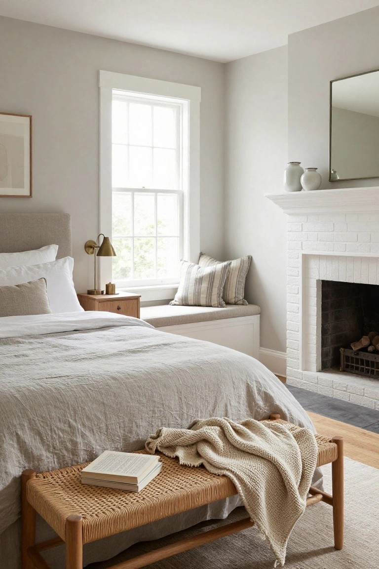 A bright bedroom with a large bed in neutral linens, a built-in window seat with striped pillows, a white brick fireplace, and a woven bench at the foot of the bed.