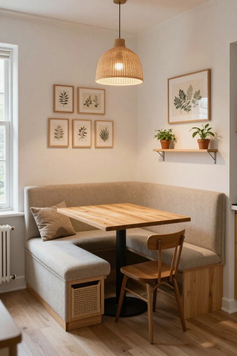 A dining nook with a wooden square table, built-in upholstered corner bench, single wooden chair, and woven pendant light.