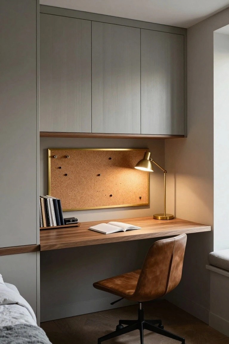 A compact wooden desk built into a gray cabinet wall with overhead storage, a corkboard with brass frame, an open book, a brass desk lamp, and a brown leather swivel chair.