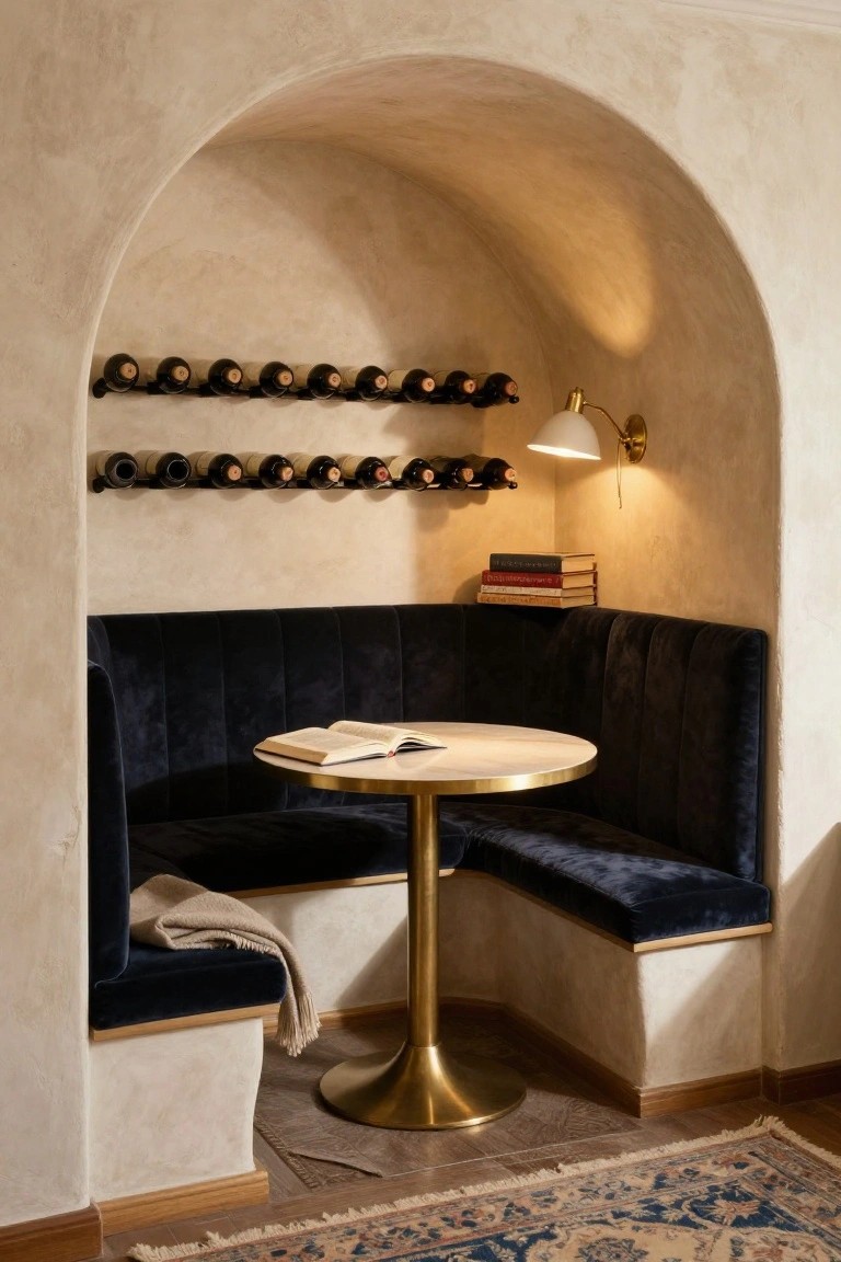 A curved dark blue velvet banquette fits inside an arched alcove with two rows of wall-mounted wine racks above a round brass pedestal table.