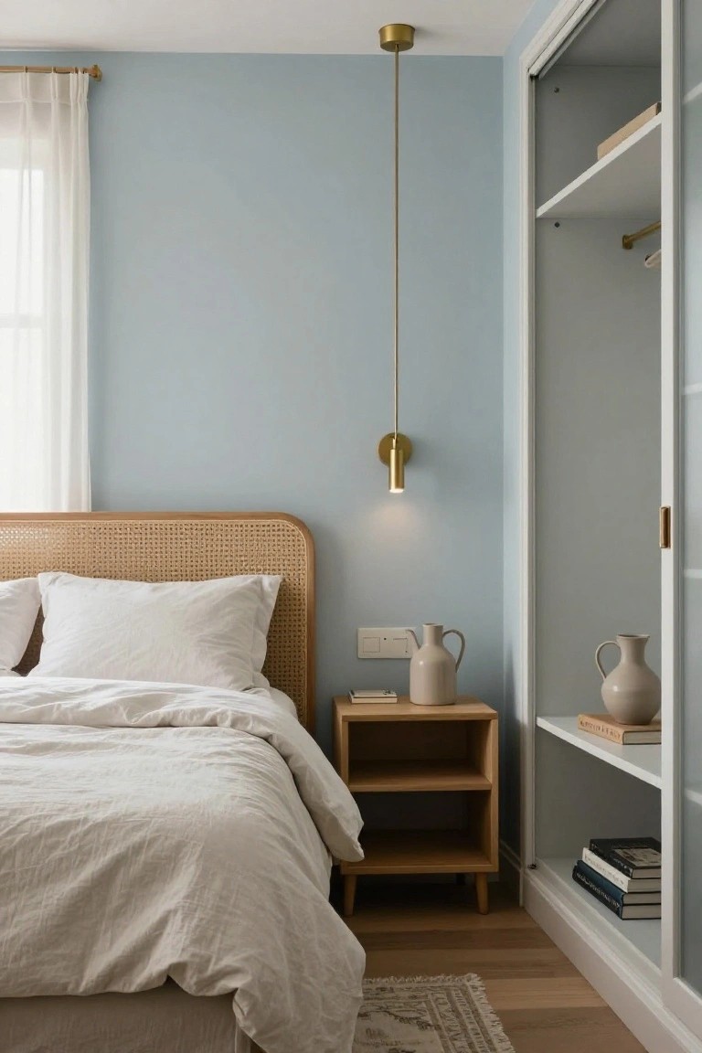 A bedroom with light blue walls showing a wooden bed with white linens, a small wooden nightstand, a brass pendant light, and a tall built-in white closet with open shelves.