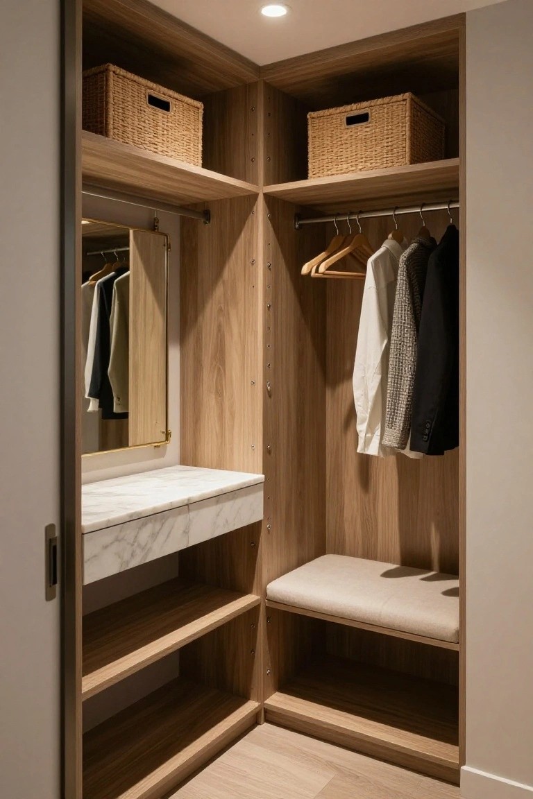 A walk-in closet interior with light wood built-in shelves, a marble countertop section, a cushioned bench, hanging clothes on a rod, and woven storage baskets on upper shelves.