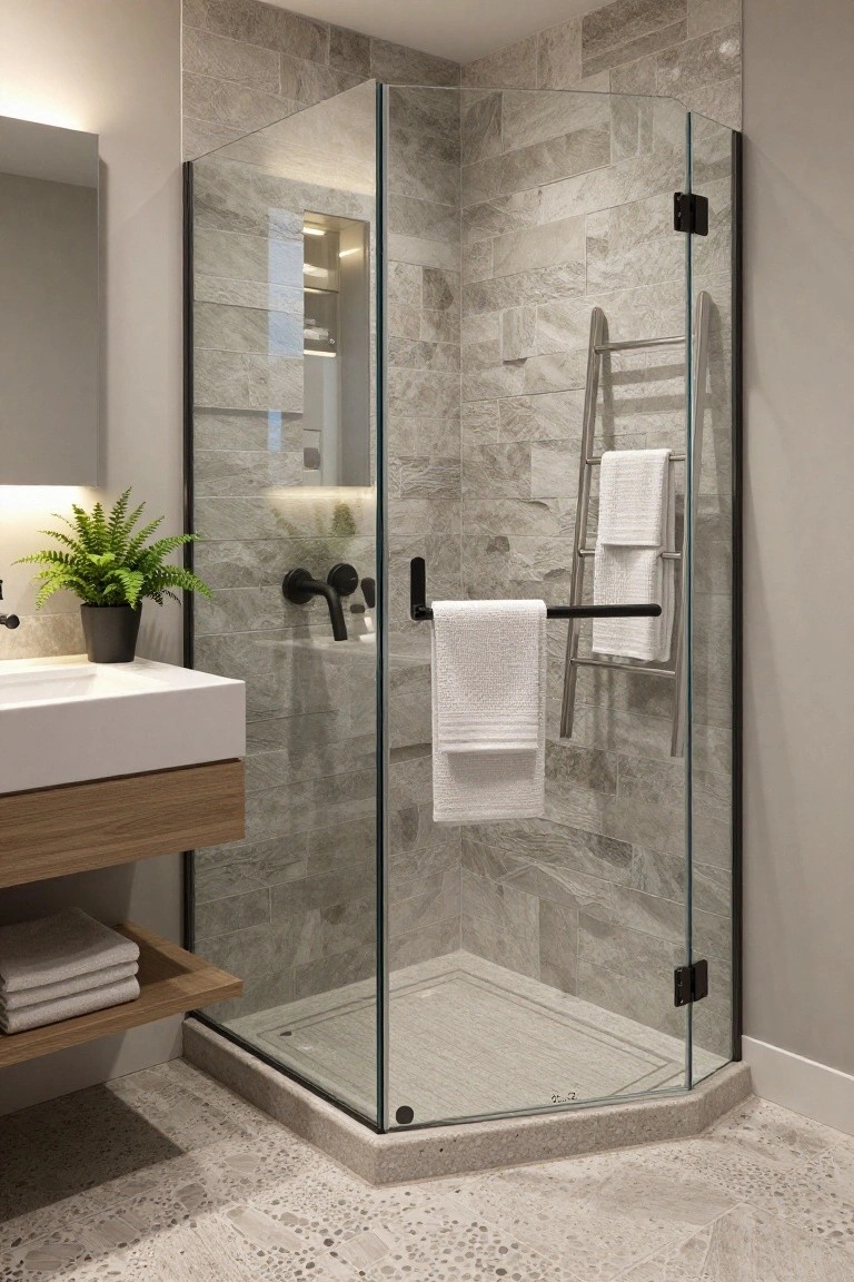 A modern bathroom with a corner glass shower enclosure on marble tile, a white floating sink, and a potted fern on the vanity.