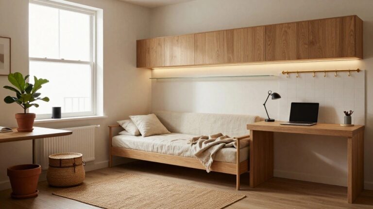 17 Smart Timeless Apartment Design Ideas for Small Space Living A compact apartment interior showing a wooden loft bed above a built-in desk, with a sofa underneath, hanging pans on the wall, and a potted plant by the window.