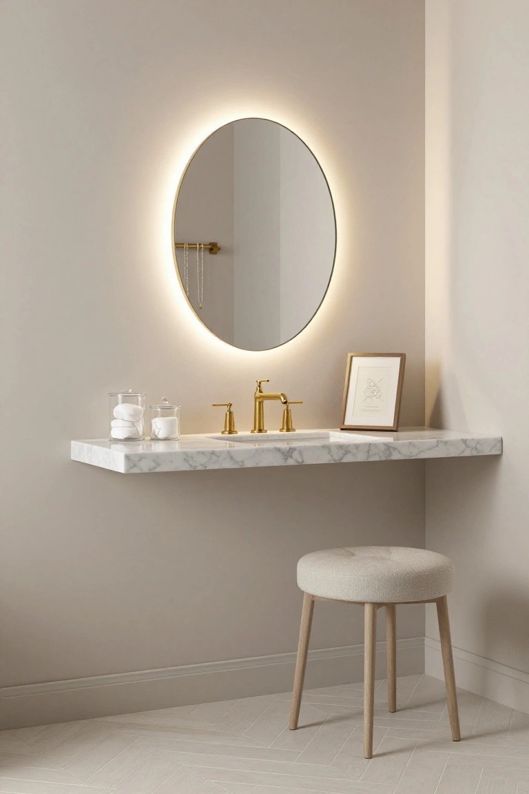 A floating marble vanity with gold faucets is mounted on a beige wall beneath a round backlit mirror, with a small upholstered stool positioned in front.